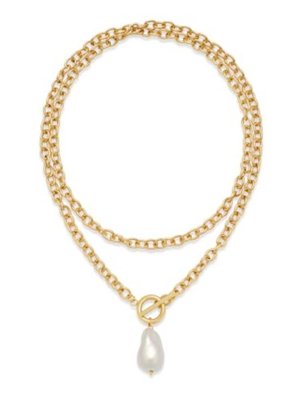Gold Plated 36" Long Chain Necklace Baroque Pearl Pendant Toggle Statement